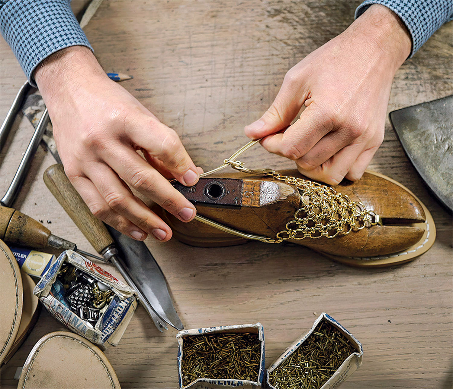Italian shoemaker creates a sandal at Canfora