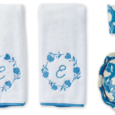 Weezie x Susan Gordon blue-and-white handtowels, toothbrush cup, and tray