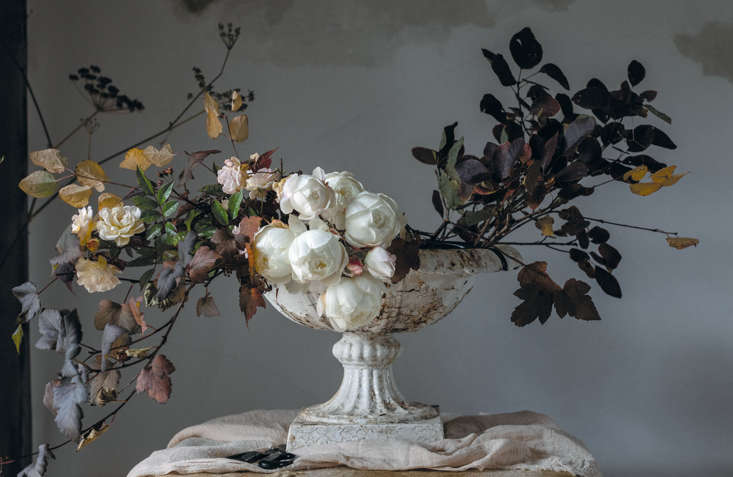 Ball-shaped, soft white roses ‘Desdemona’ are placed low, just of center in the arrangement. Pale pink, small roses 'Cornelia' roses intermingle with the branches of autumn foliage flowing over the left side of the arrangement