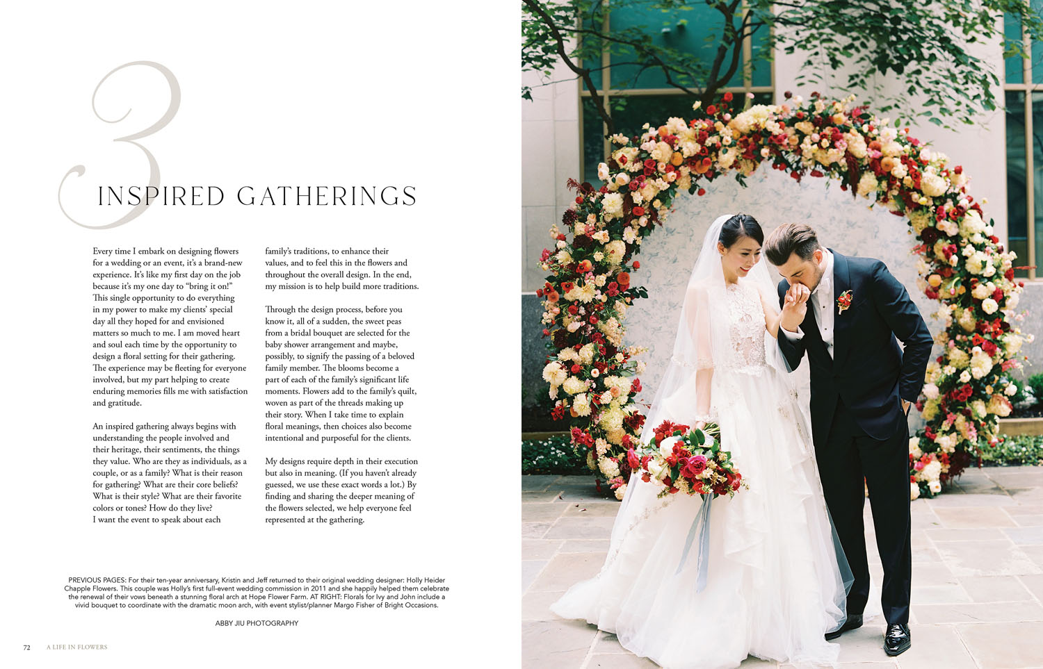 A chapter opener for A Life in Flowers reads “Inspired Gatherings.” On the facing page, a groom kisses a bride’s against the backdrop of a large floral hoop