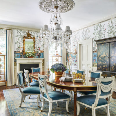 blue and white dining room designed by Nina Long and Don Easterling