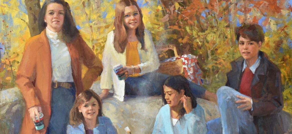Commissioned fine art portrait by Portrait, Inc. artist Dawn Whitelaw depicting five granddaughters, age 9-22, gathered around a campfire on an autumn day