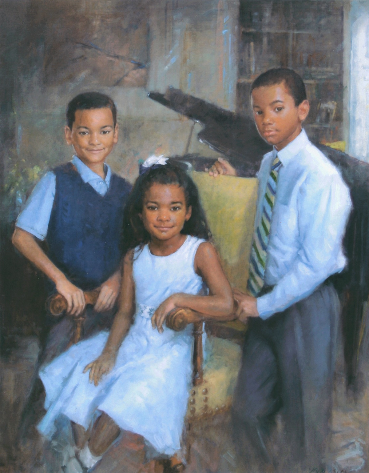 Commissioned fine art portrait of 3 young siblings, 2 brothers and 1 sister, posed in front a grand piano
