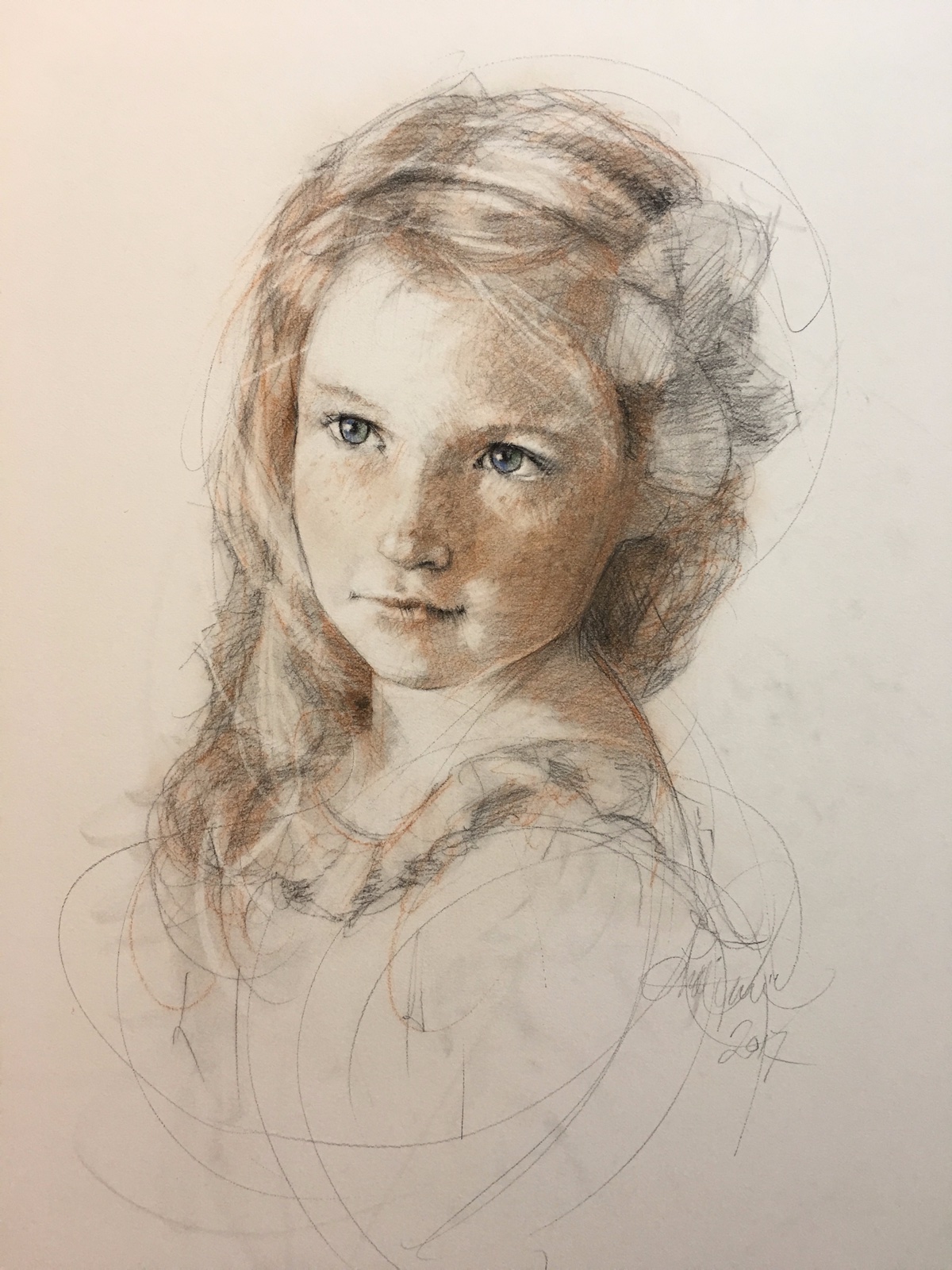 head and shoulders charcoal portrait of a young girl