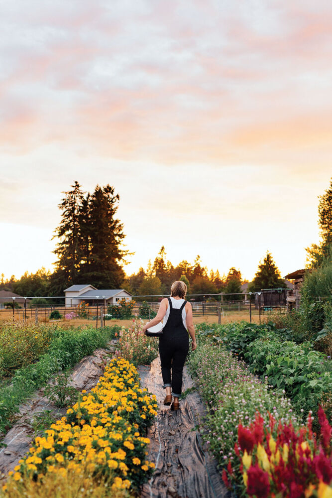 Woman walking through rows of flowers on flower farm at sunset.