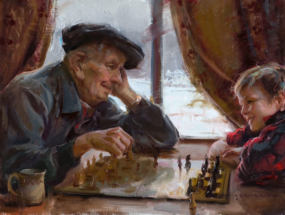 Impressionistic commissioned portrait of a grandfather and grandson playing chess beside a window, with a snowy scene beyond