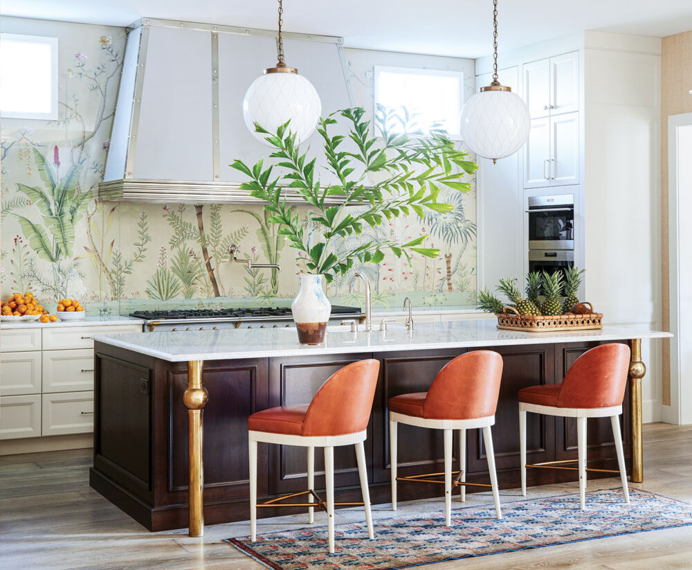Florida kitchen with a tropical botanical wallpaper by de Gournay as a backsplash