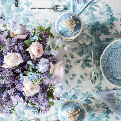 Pale blue and white table setting