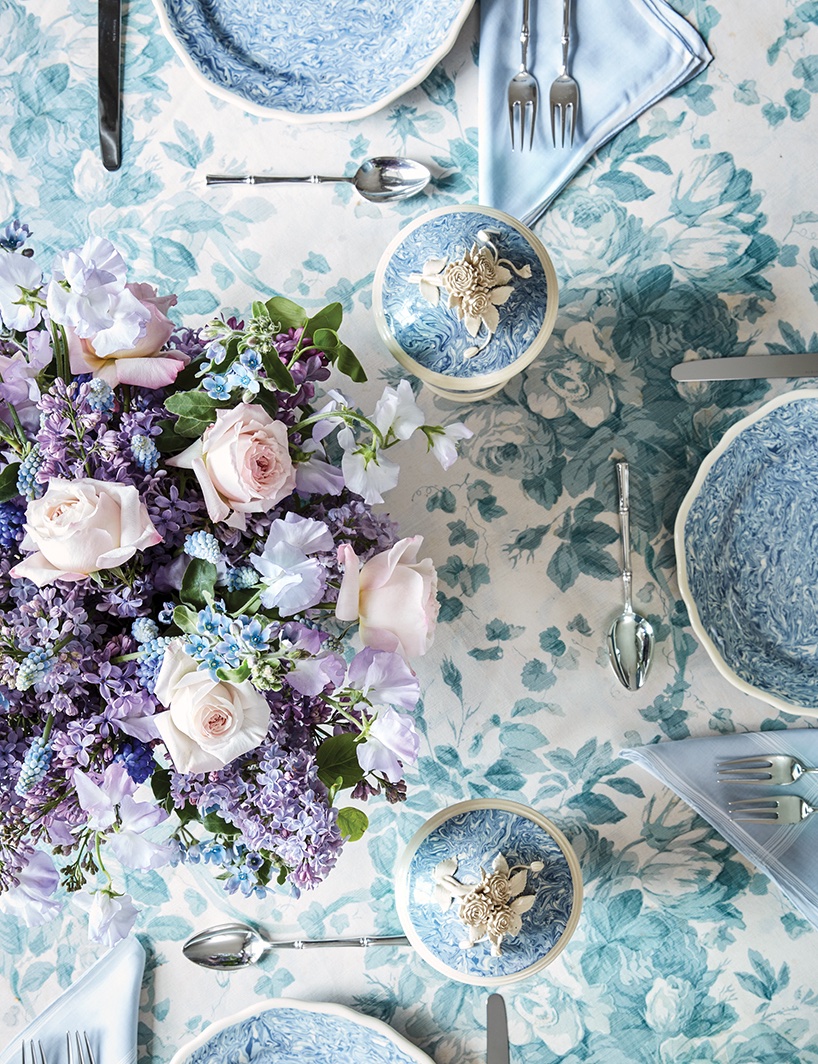 Pale blue and white table setting