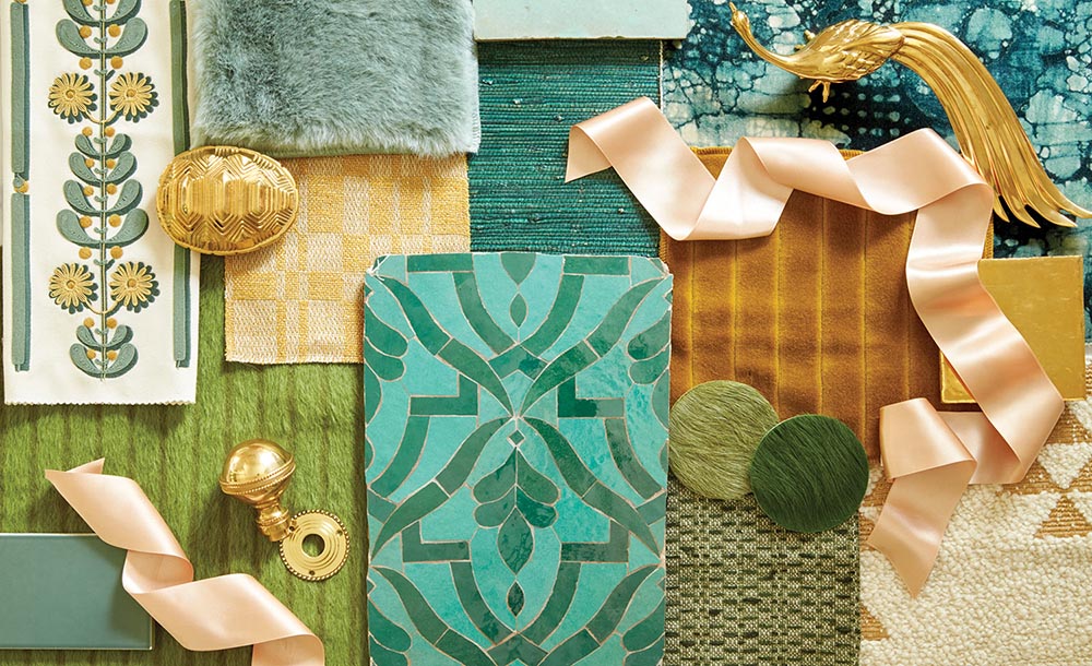 collage of items in shades of green and gold