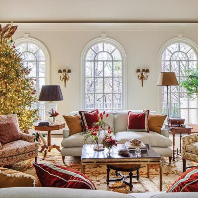 Living room designed by Zoe Gowen with Christmas tree