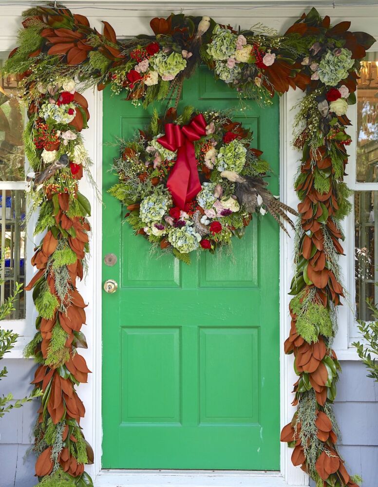 Michael Giannelli's woodland Christmas wreath on green door