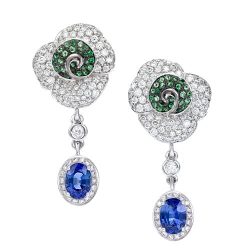 Emerald, diamond, and sapphire earrings