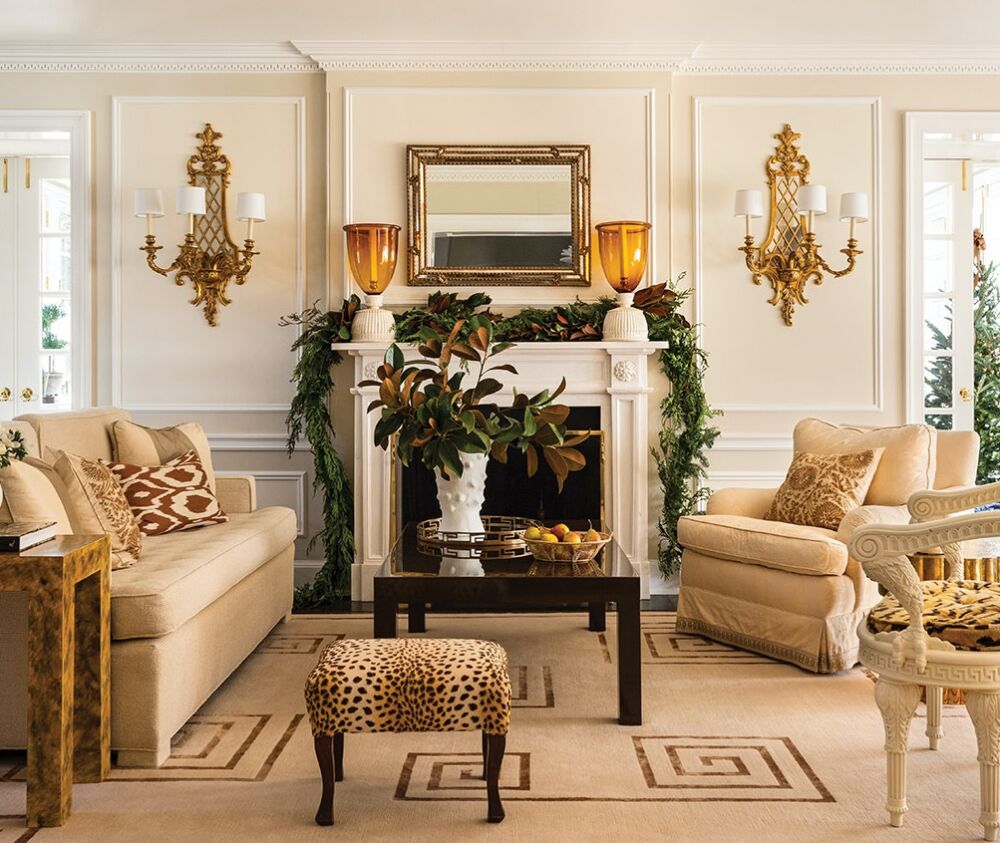 Garland of conifer and magnolia branches adorn a mantel