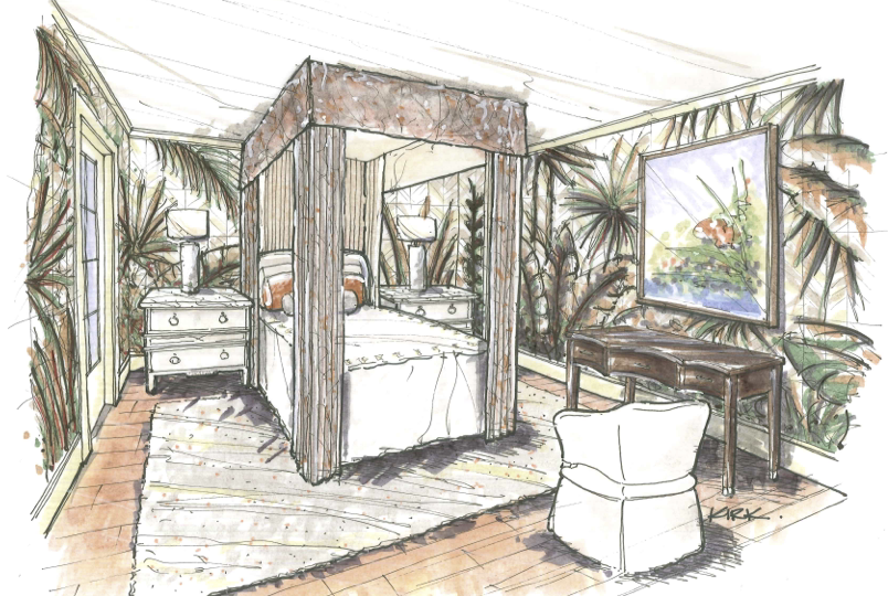 Rendering of terrace-level guest room designed by Tish Mills Kirk