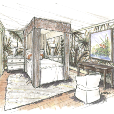 Rendering of terrace-level guest room designed by Tish Mills Kirk
