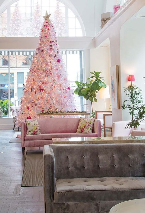 Pink Christmas tree in lobby of Quirk Hotel in Richmond