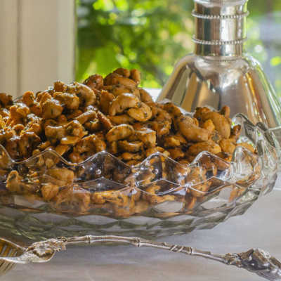 Crystal bowl of spiced cashews