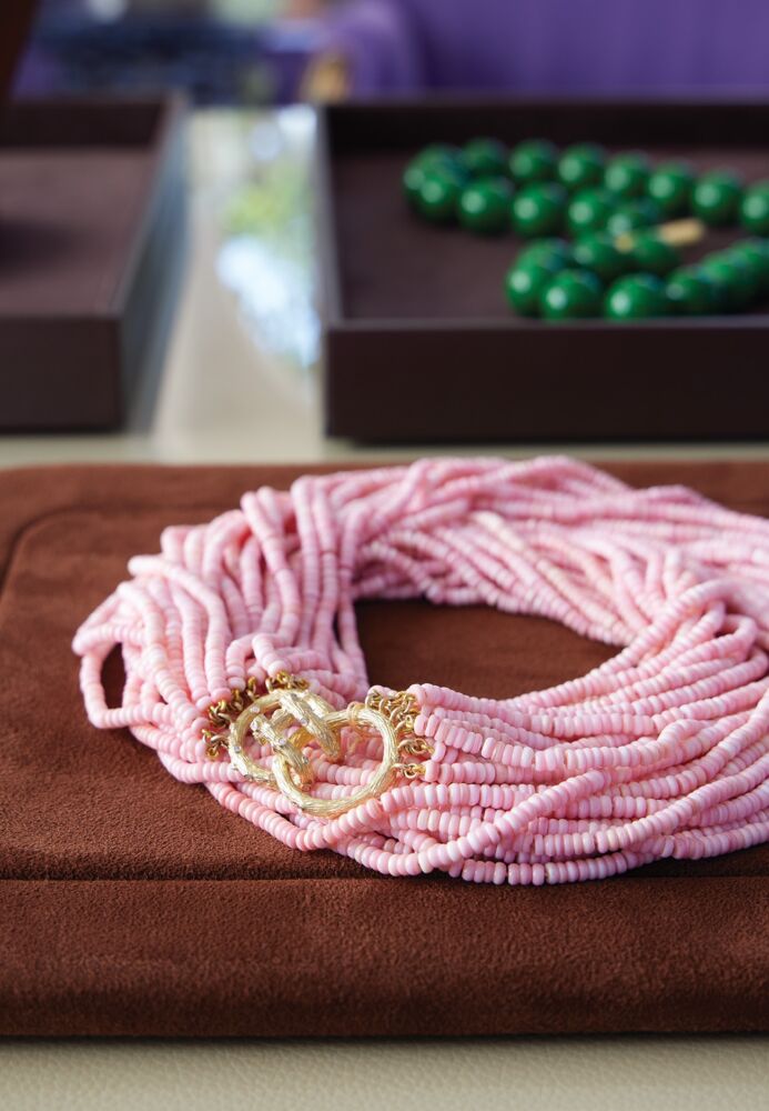 Pink morganite necklace and a lustrous strand of Burmese, apple green maw sit sit beads.