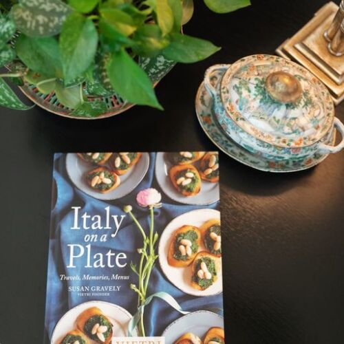 The Book Italy on a Plate has a photograph of pesto filled crostinis on the cover.