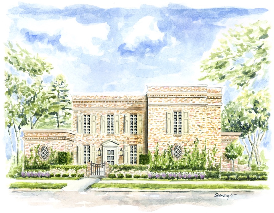 Watercolor rendering of Ivy House, the Flower Magazine Baton Rouge Showhouse.