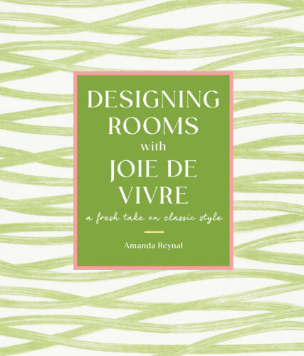 Green watercolor stripes are on the cover of Designing Rooms with Joie de Vivre.