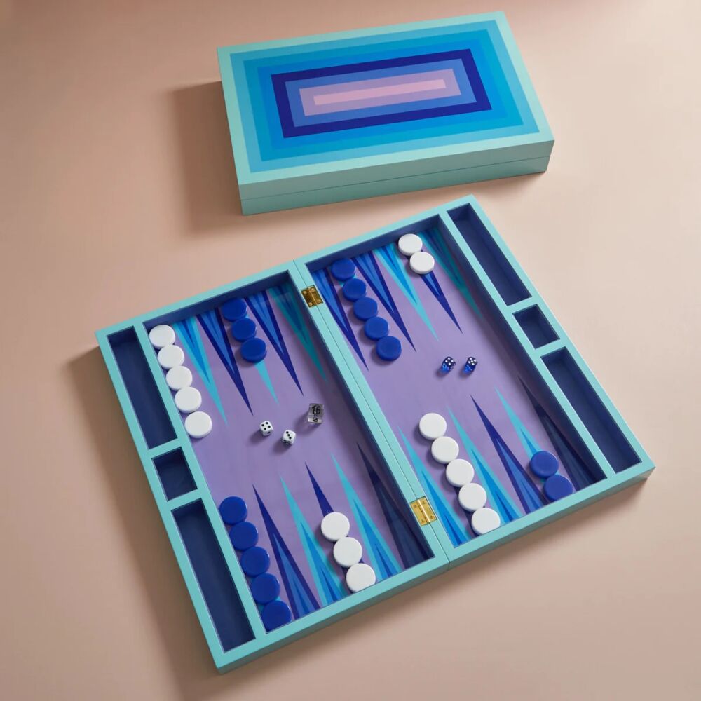 Jonathan Adler Scala backgammon set in turquoise, purple, and white