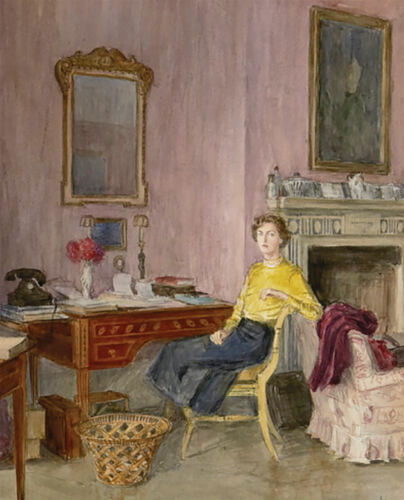 The Duchess of Devonshire sits in a yellow shirt on a gold chair in her pink room inside a painting.