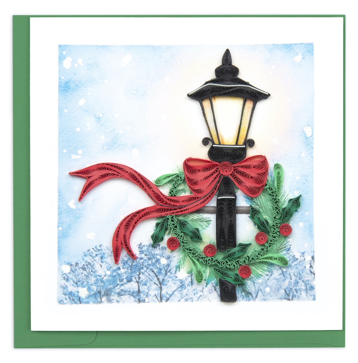 Quilled paper holiday lamp post with wreath and red bow from Quilling Card
