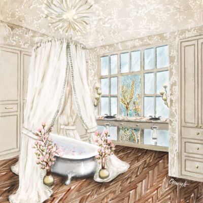 Rendering of the primary bath designed by Arianne Bellizaire at the Flower magazine Baton Rouge Showhouse