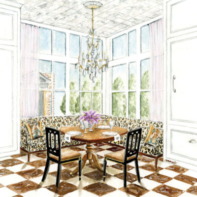 Renering of the kitchen breakfast nook designed by Chad Graci at the Flower magazine Baton Rouge Showhouse