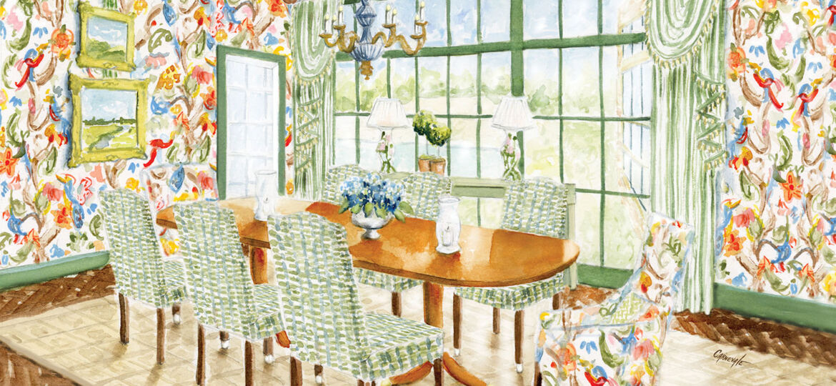 Rendering of dining room designed by James Farmer at the Flower magazine Baton Rouge Showhouse
