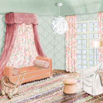 Rendering of the nursery designed by Kara Cox at the Flower magazine Baton Rouge Showhouse