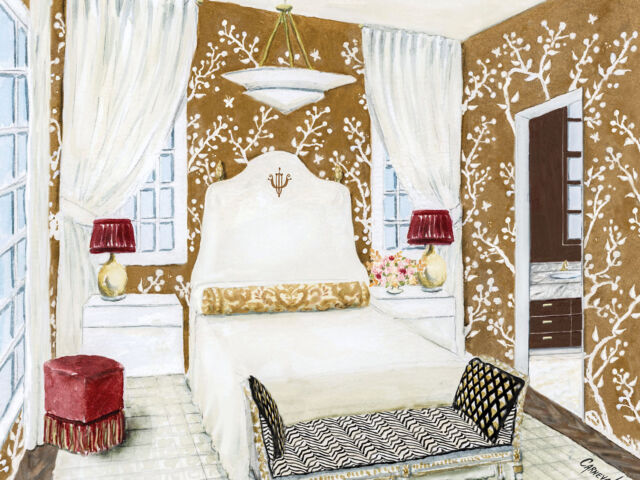 Rendering of the guest bedroom designed by Lisa Palmer at the Flower magazine Baton Rouge Showhouse