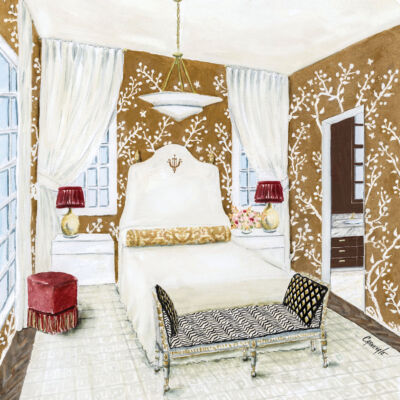 Rendering of the guest bedroom designed by Lisa Palmer at the Flower magazine Baton Rouge Showhouse