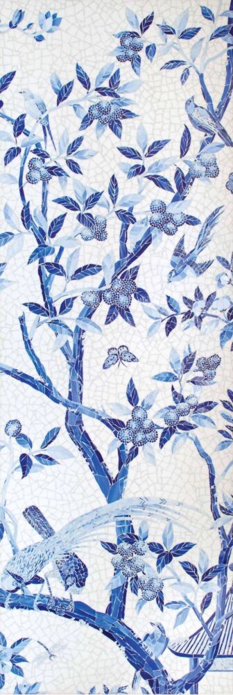 A blue and white chinoiserie scene is depicted on a wallpaper panel.