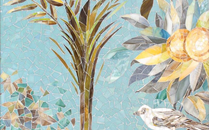 A chinoiserie scene of birds and botanicals is painted on a teal background.