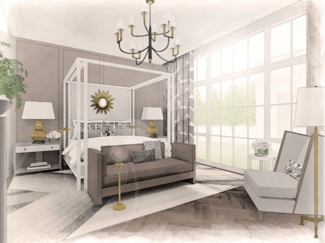 Rendering of the primary bedroom designed by Benjamin Johnston at the Flower magazine Baton Rouge Showhouse