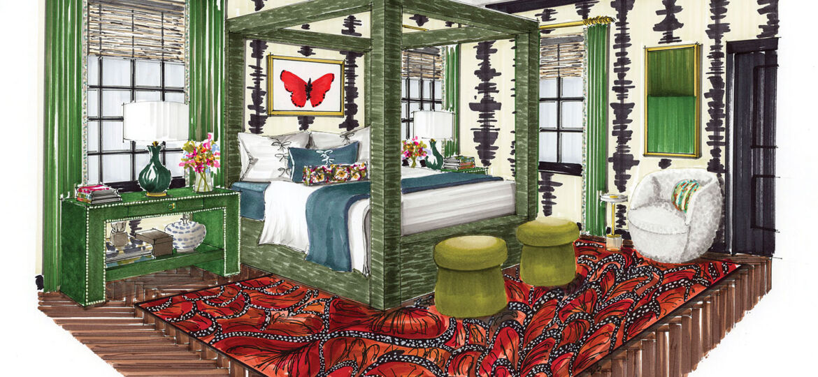 Rendering of an upstairs bedroom designed by Veronica Solomon at the Flower magazine Baton Rouge Showhouse