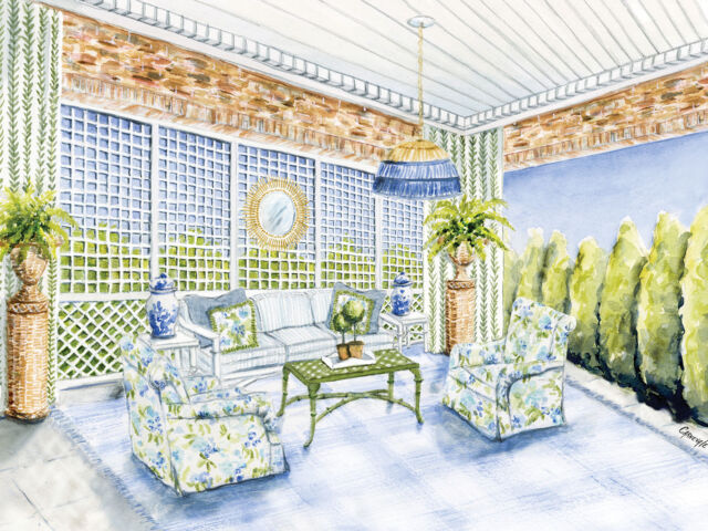 Rendering of the back porch designed by Huff Dewberry at the Flower magazine Baton Rouge Showhouse