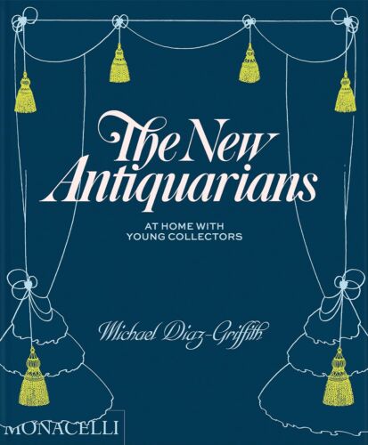 Illustrated curtains with a navy background grace the cover of THE NEW ANTIQUARIANS.
