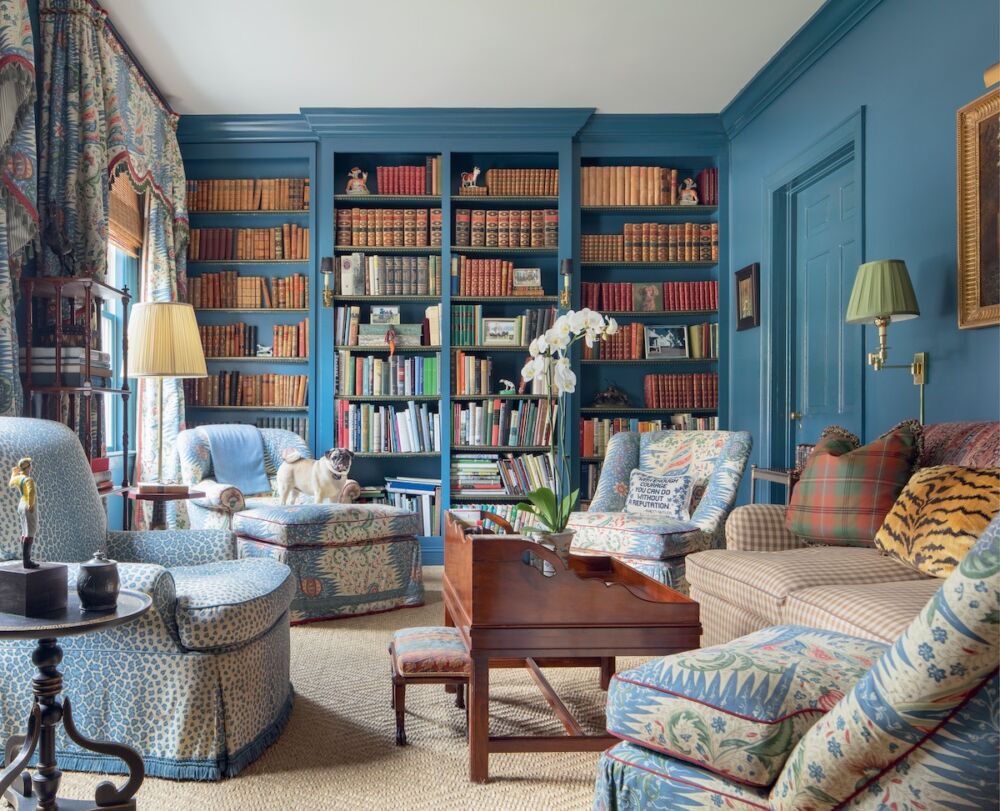 Blue painted library at Toad Hall in Aiken, South Carolina
