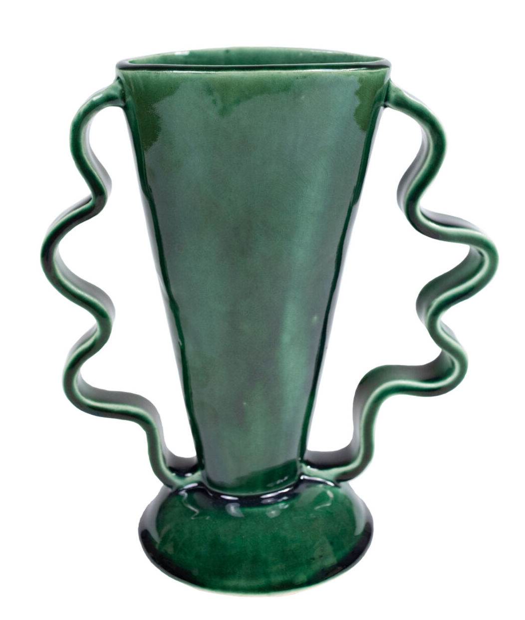An emerald ceramic vase has squiggly handles.