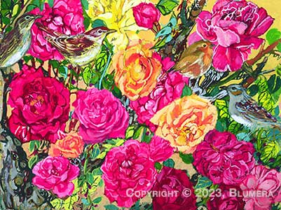 A nightingale is among bright flowers in Laurie Blum's painting, ROSE AND THE NIGHTINGALE.