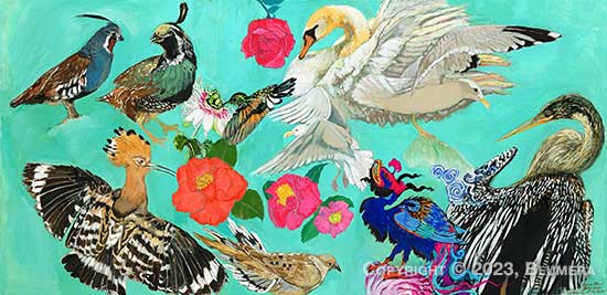 Several multi-colored birds make up Laurie Blum's Conference of the Birds painting.