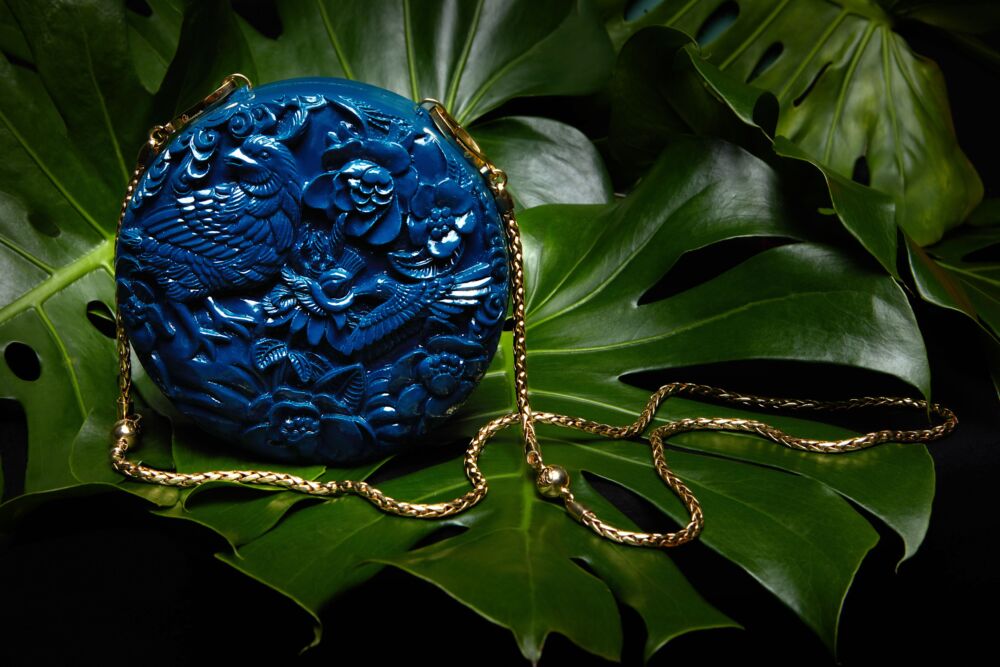 Conference of the Birds Large Ushape and Rose and the Nightingale Clutch hand-carved and hand-painted in lacquered blue