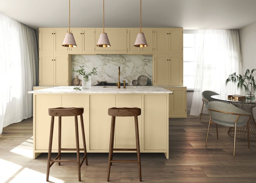 Glidden Color of the Year 2024- Limitless. On kitchen cabinets.