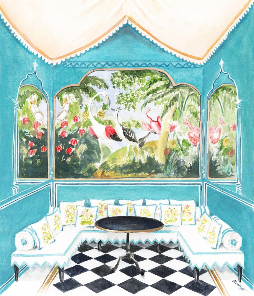 An illustrated rendering of a room with bright teal walls and a tropical bird mural.