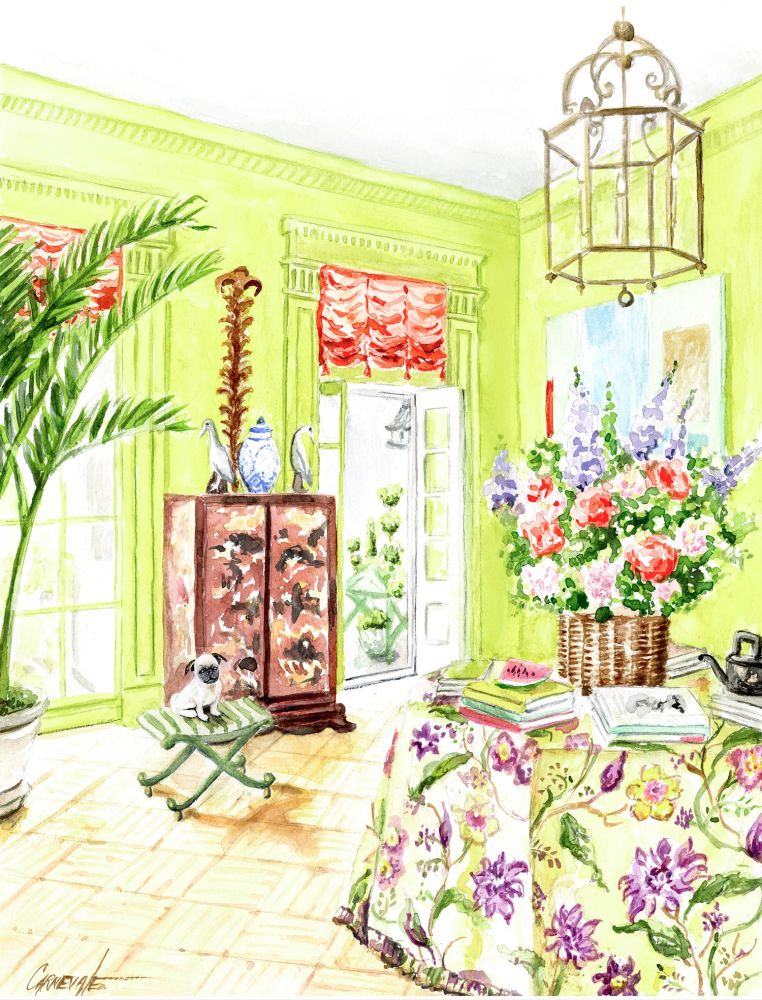 Illustrated rendering of a lime green entryway with flowers.