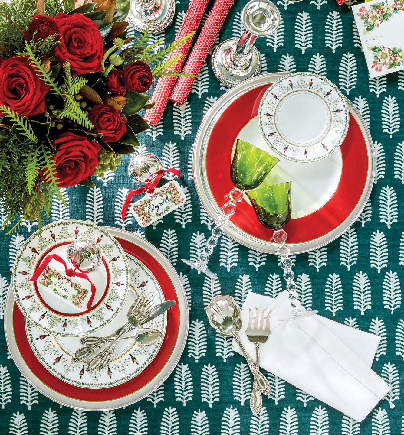 red, green, and teal holiday table setting
